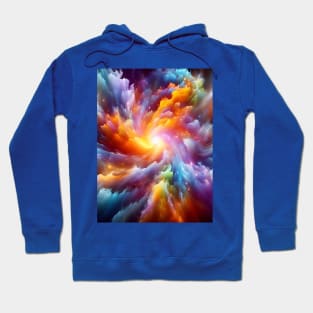 A vibrant explosion of colors swirling together in a cosmic dance, representing the birth of a new galaxy. Hoodie